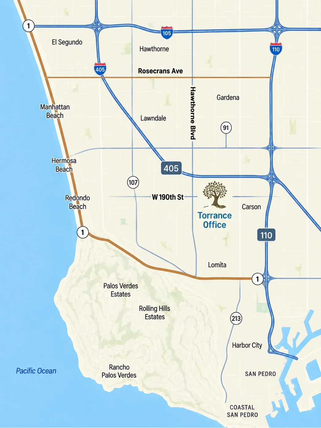 Map showing the Kavesh, Minor & Otis Torrance office and its South Bay service area